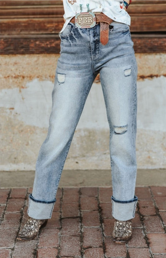 L & B Vintage Stone Wash High Rise Distressed Cuffed Boyfriend Jeans
