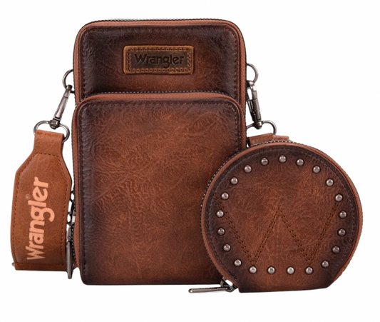 Wrangler Crossbody Cell Phone Purse with Coin Pouch -Brown