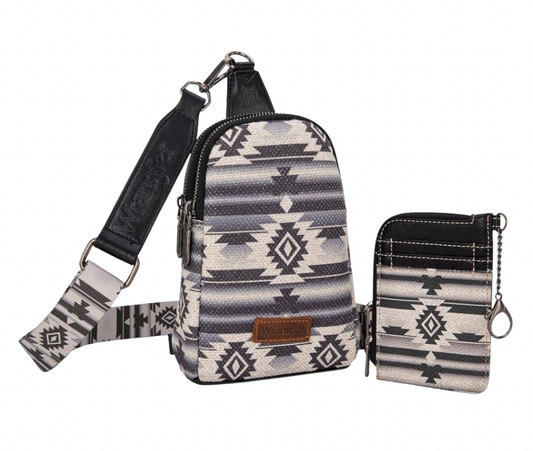 Wrangler Aztec Crossbody Sling Chest Bag With Zip Card Holder Set - Black