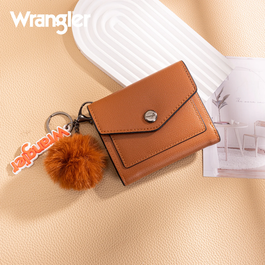 Wrangler Tri-Fold Wallet with Keyring Pom Pom - BROWN