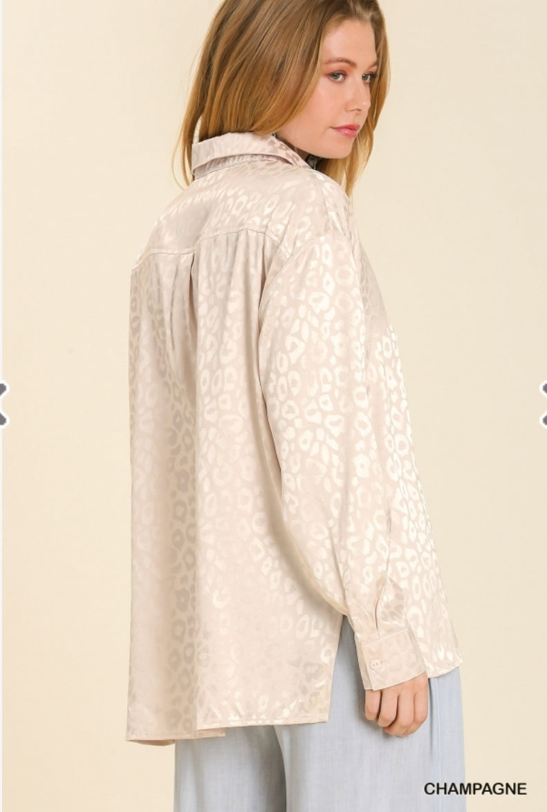 Champagne Animal Jacquard Print Button Up Long Sleeve Top