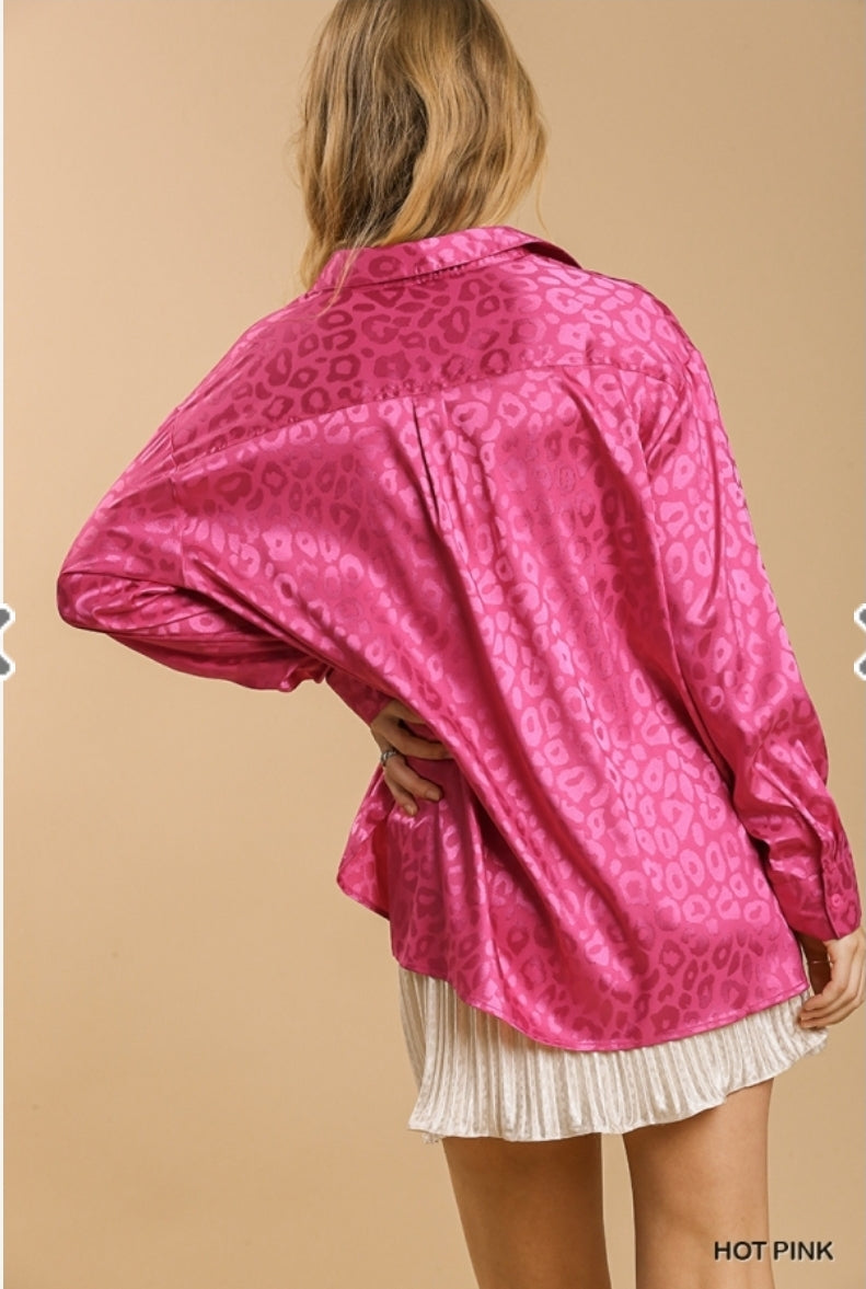 Hot Pink Animal Jacquard Print Button Up Long Sleeve Top