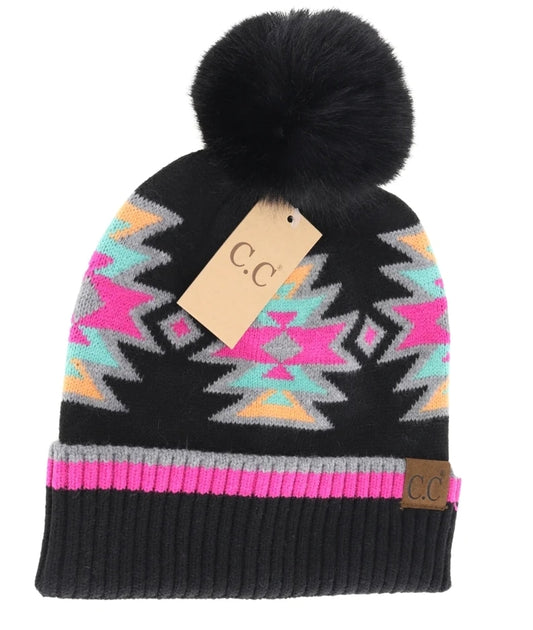 Southwestern Pom C.C Beanie Black Multi