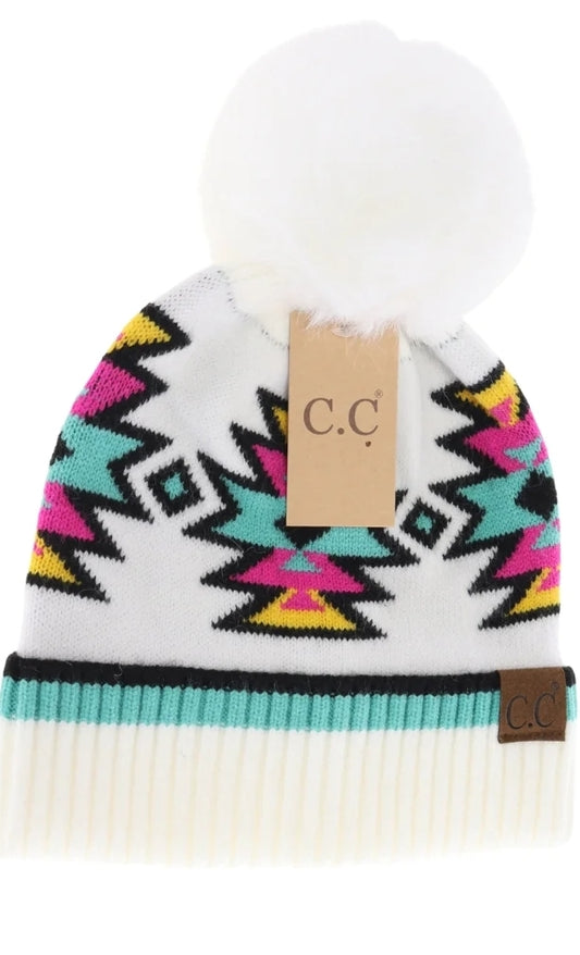Southwestern Pom C.C Beanie - IVORY