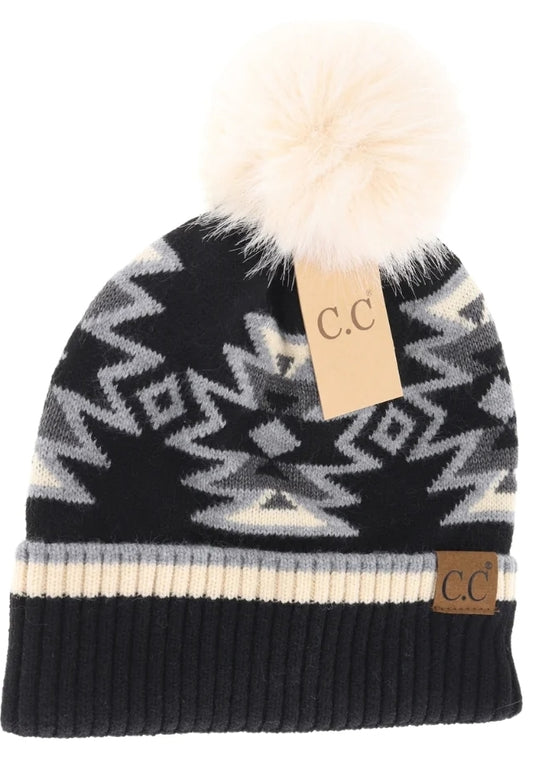 Southwestern Pom C.C Beanie Black