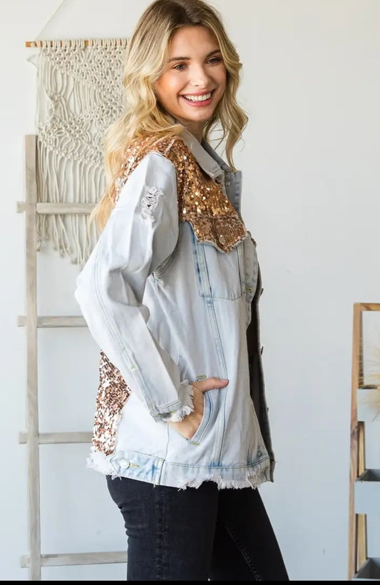 Sequin Denim Jacket Gold