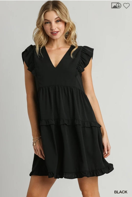 Ruffle Tiered V-Neck Black Dress