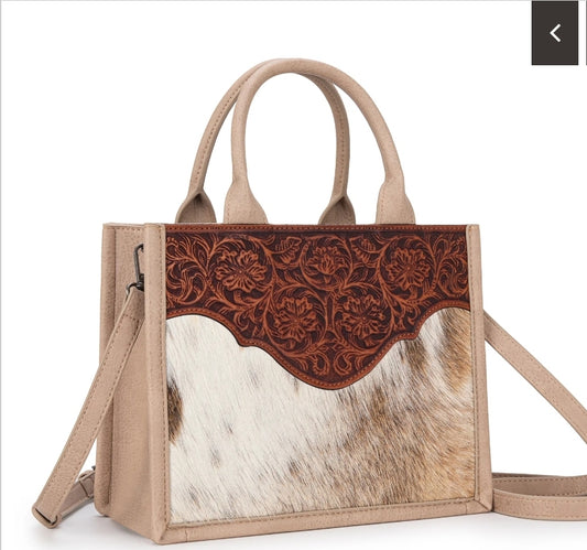 Trinity Ranch Hair On Cowhide Floral Tooled Concealed Carry Tote/Crossbody -Tan