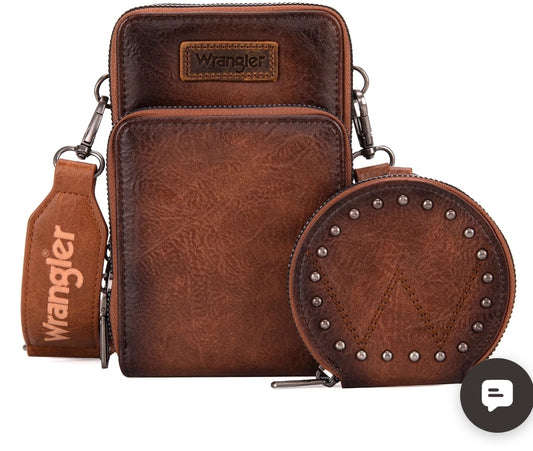 Wrangler Crossbody Cell Phone Purse with Coin Pouch -Brown