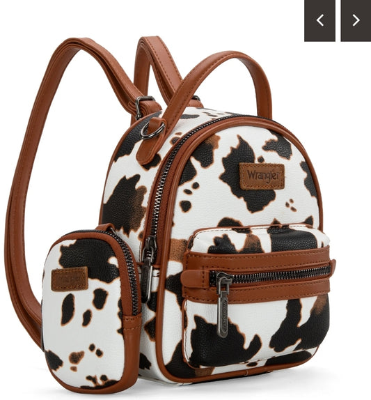 Wrangler Cow Print Mini Backpack W/Coin Pouch-Brown