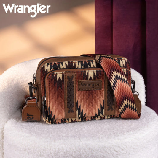 Wrangler Southwestern Pattern Print Crossbody Purse With Wallet Compartment -Brown