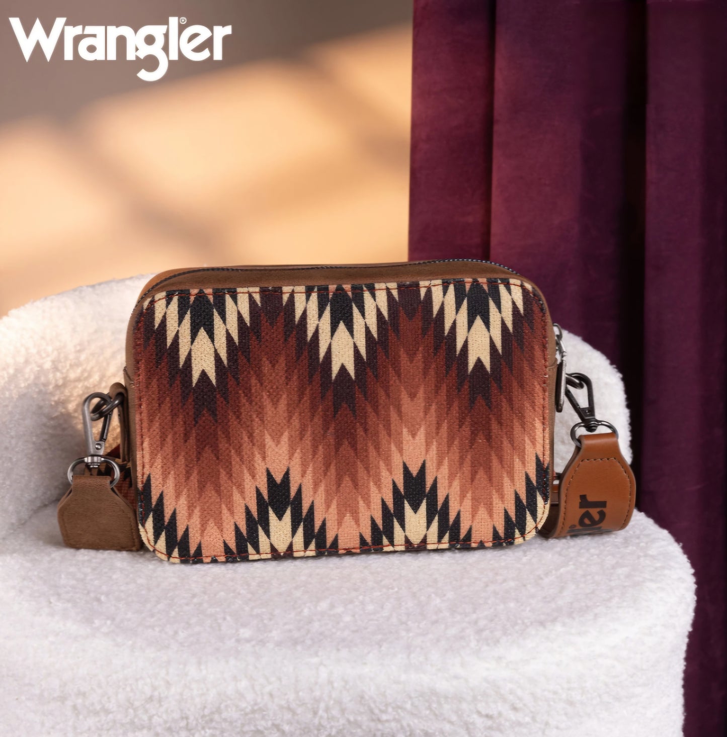 Wrangler Southwestern Pattern Print Crossbody Purse With Wallet Compartment -Brown