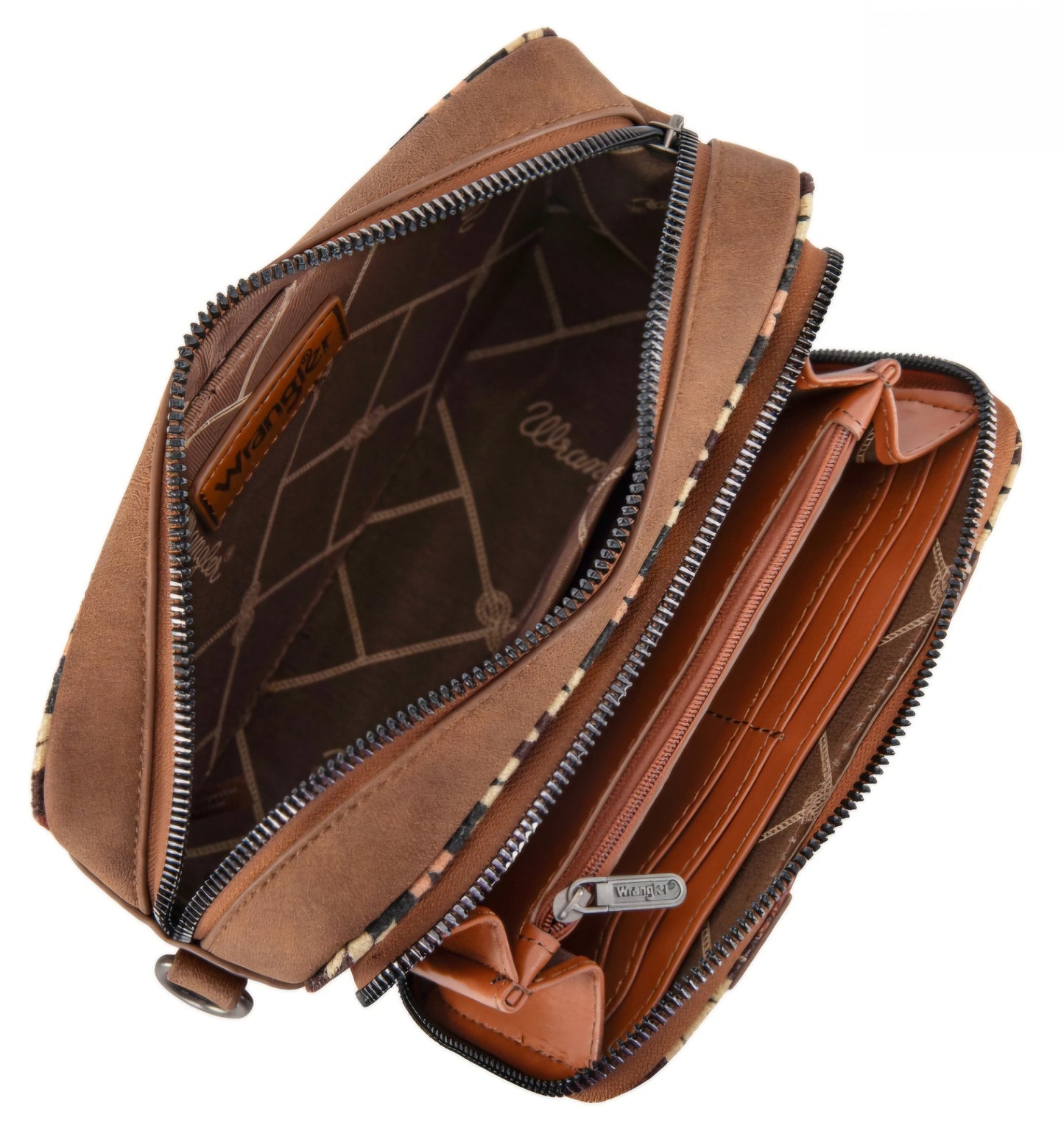 Wrangler Southwestern Pattern Print Crossbody Purse With Wallet Compartment -Brown