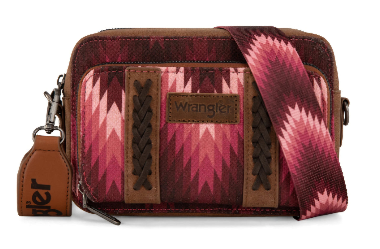 Wrangler Southwestern Pattern Dual Sided Print Crossbody Purse With Wallet Compartment -Dark Pink