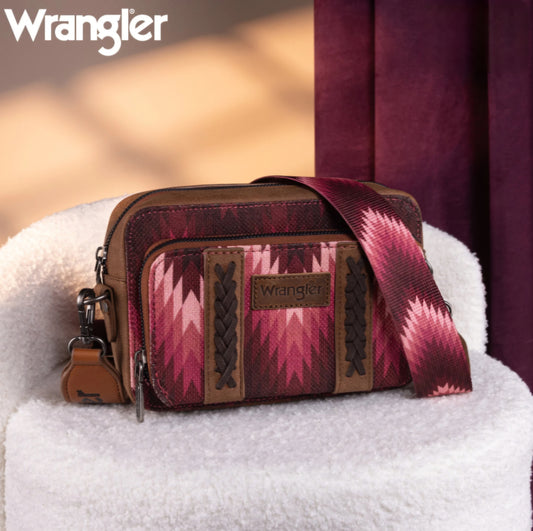 Wrangler Southwestern Pattern Dual Sided Print Crossbody Purse With Wallet Compartment -Dark Pink