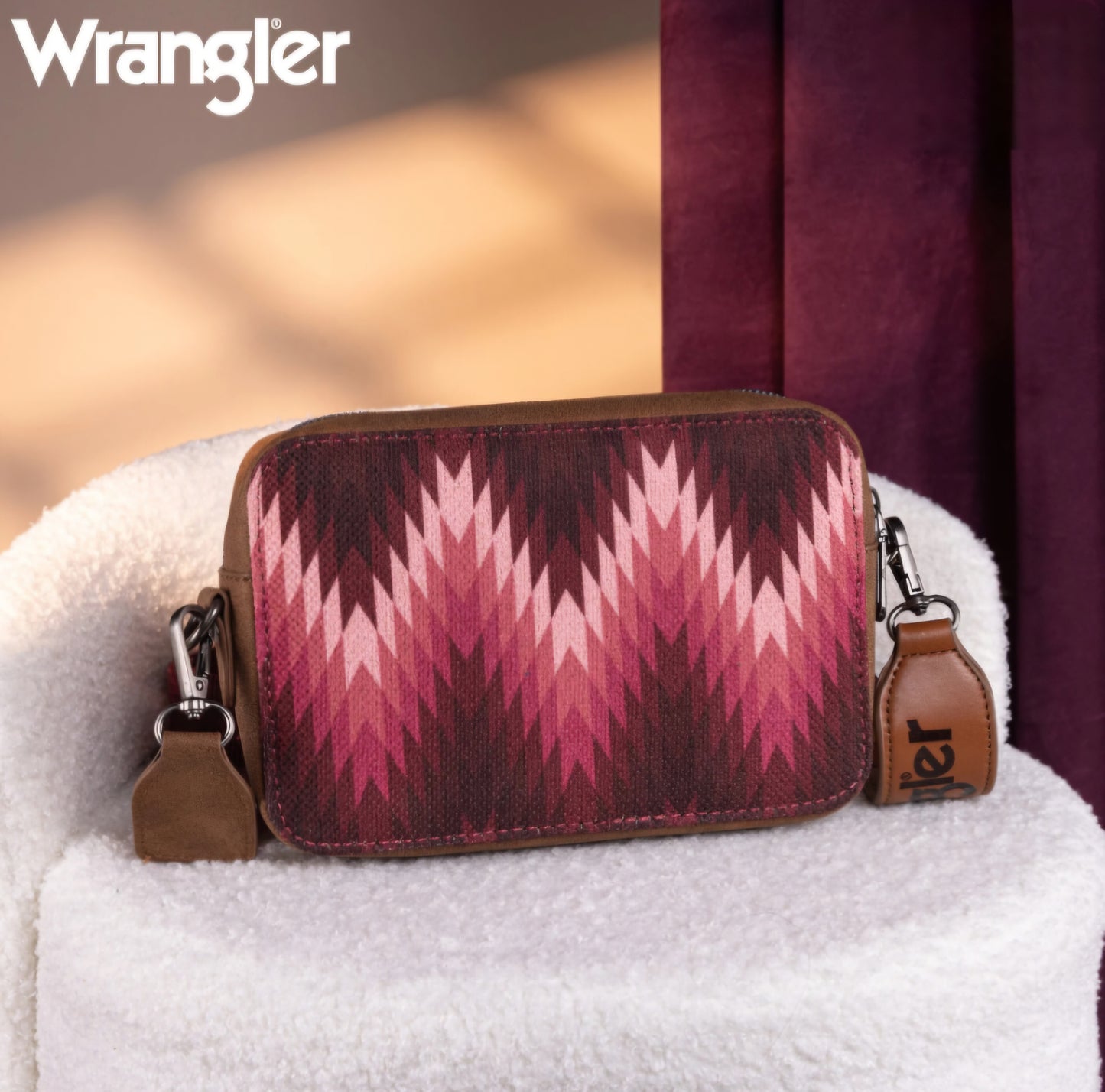 Wrangler Southwestern Pattern Dual Sided Print Crossbody Purse With Wallet Compartment -Dark Pink