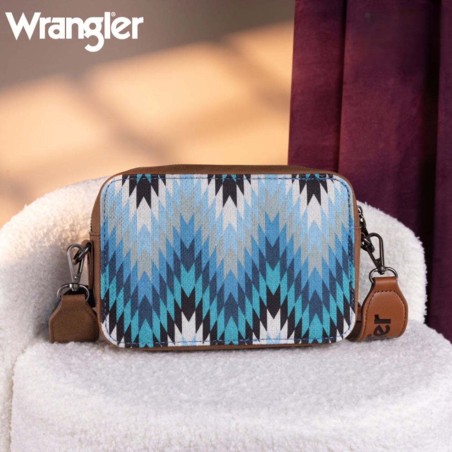 Wrangler Southwestern Pattern Print Crossbody Purse With Wallet Compartment -Jean