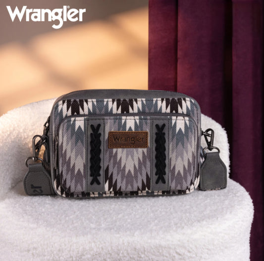 Wrangler Southwestern Pattern Print Crossbody Purse With Wallet Compartment - Grey