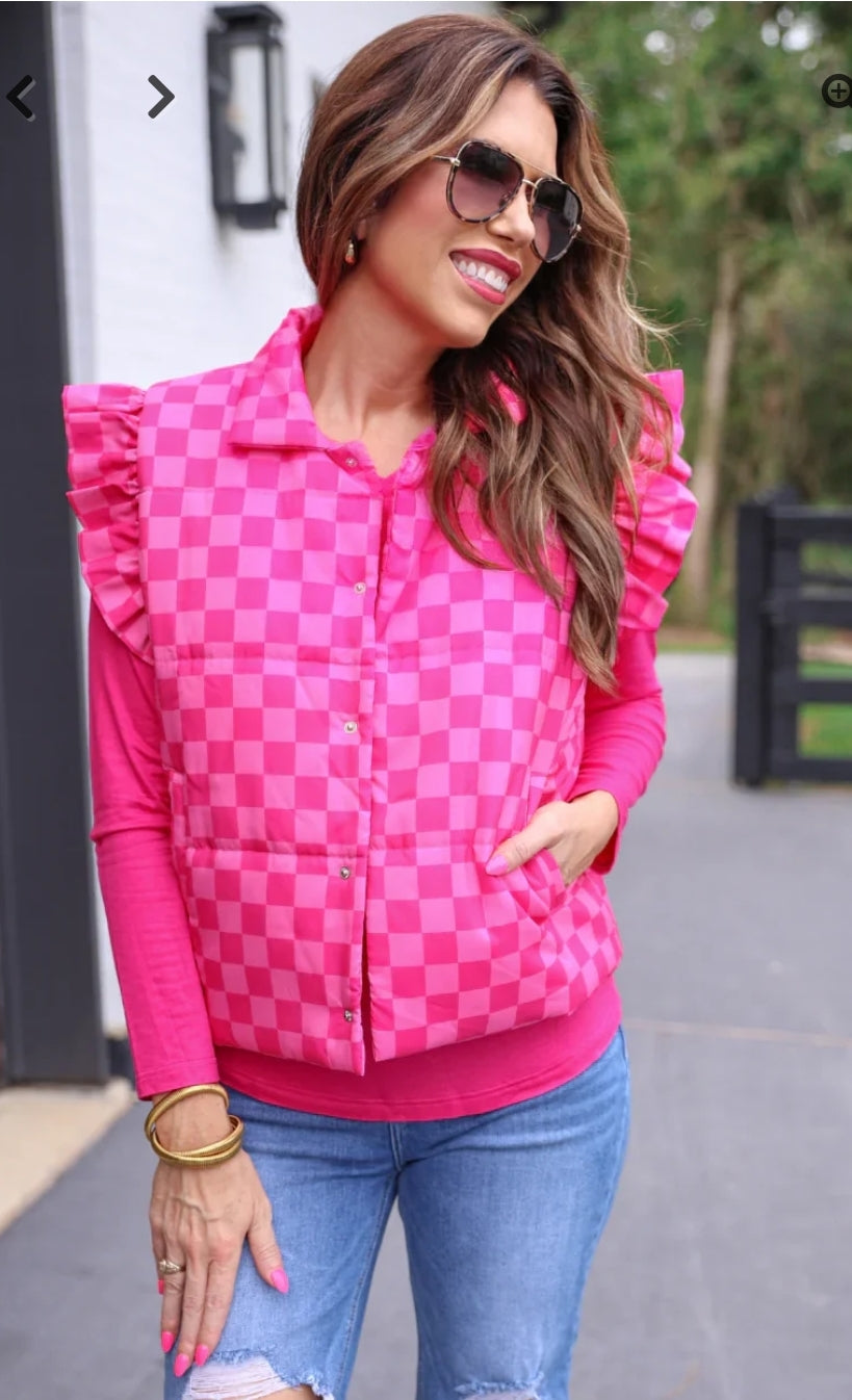 Hot Pink Checkered Puffer Vest