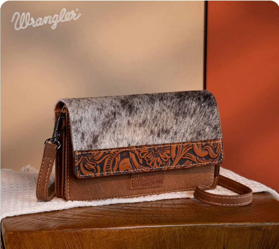 Wrangler Genuine Hair-On Cowhide Wallet/Crossbody -Brown