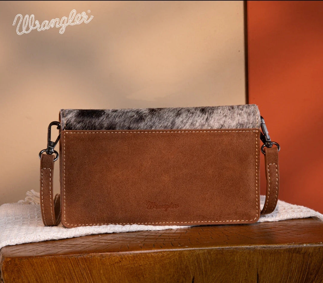 Wrangler Genuine Hair-On Cowhide Wallet/Crossbody -Brown