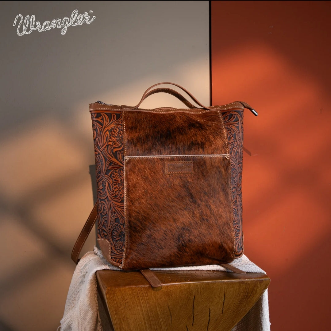 Wrangler Genuine Hair-On Cowhide Floral Tooled Convertible Backpack/Crossbody - Brown)