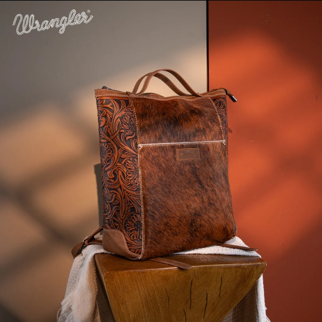 Wrangler Genuine Hair-On Cowhide Floral Tooled Convertible Backpack/Crossbody - Brown)