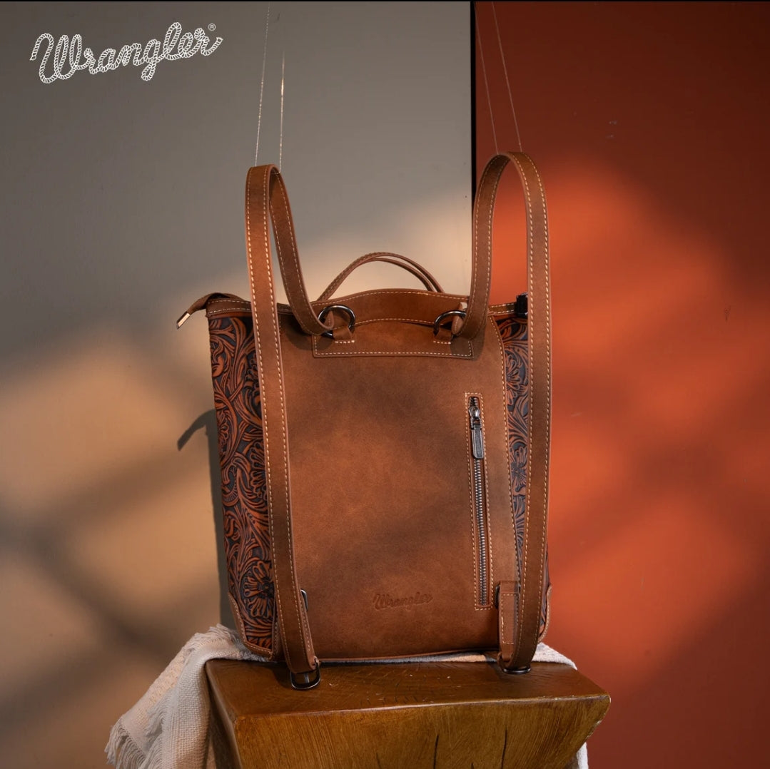 Wrangler Genuine Hair-On Cowhide Floral Tooled Convertible Backpack/Crossbody - Brown)