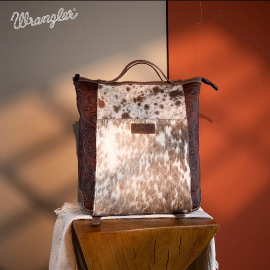 Wrangler Genuine Hair-On Cowhide Floral Tooled Convertible Backpack/Crossbody - Coffee