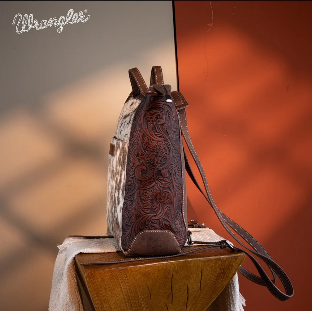 Wrangler Genuine Hair-On Cowhide Floral Tooled Convertible Backpack/Crossbody - Coffee