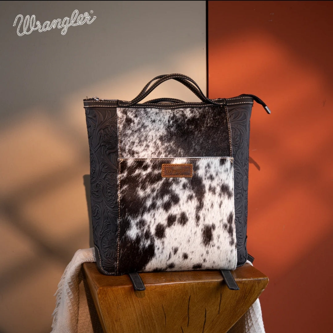 Wrangler Genuine Hair-On Cowhide Floral Convertible Backpack/Crossbody - Black