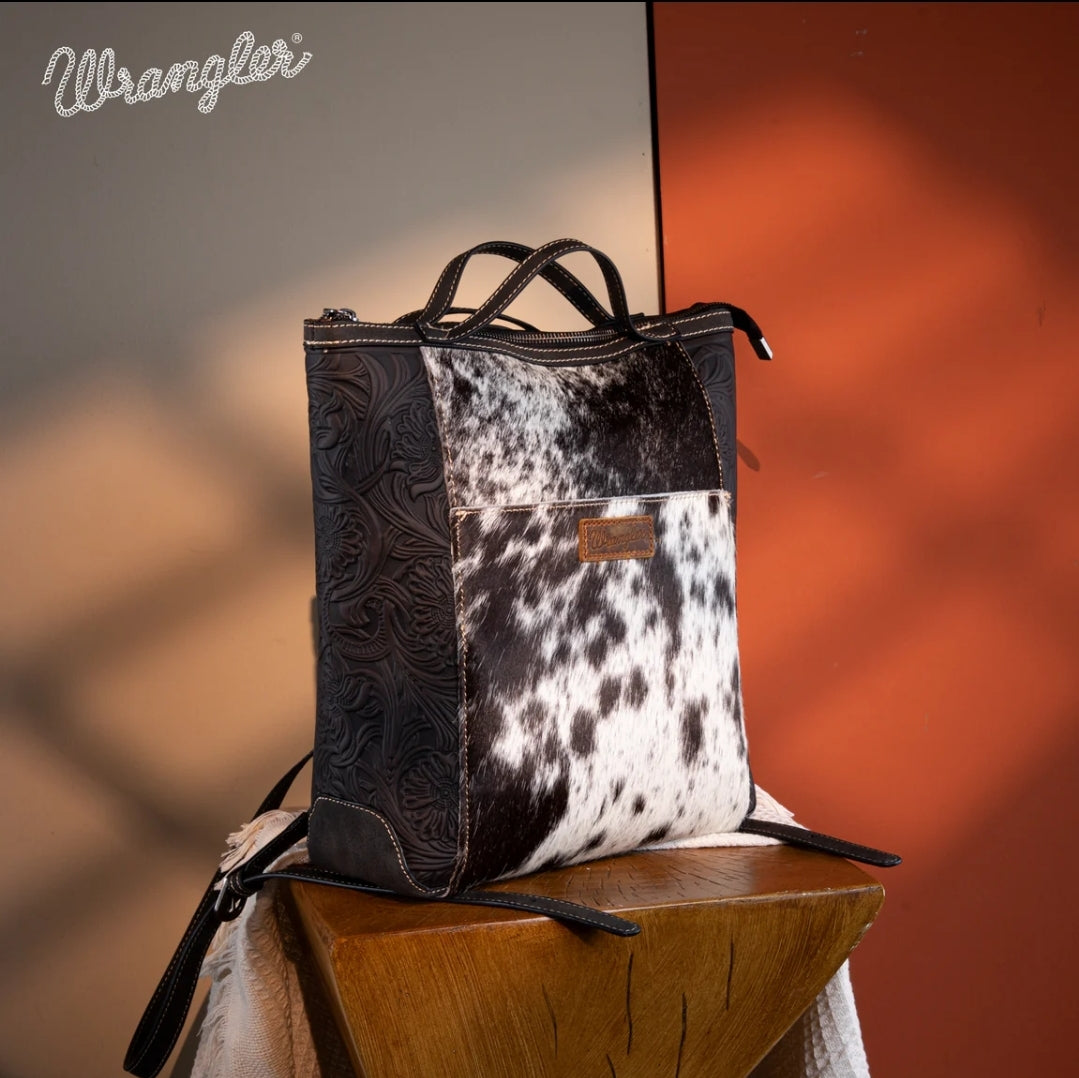 Wrangler Genuine Hair-On Cowhide Floral Convertible Backpack/Crossbody - Black