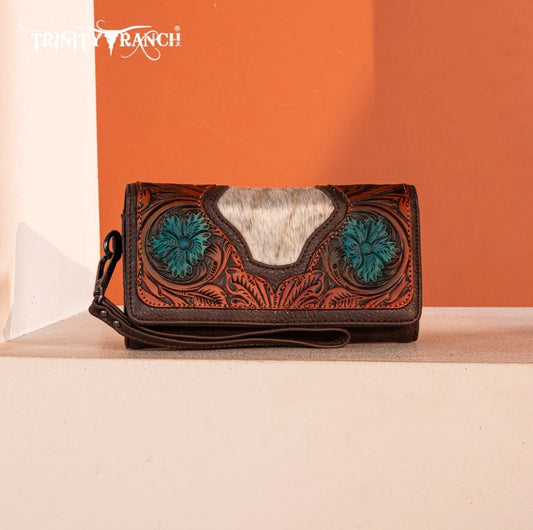 Trinity Ranch Floral Tooled and Hair-On Cowhide Collection Wallet - Coffee