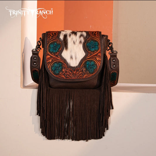 Trinity Ranch Genuine Hair-On Cowhide Tooled Fringe Crossbody Bag- Coffee