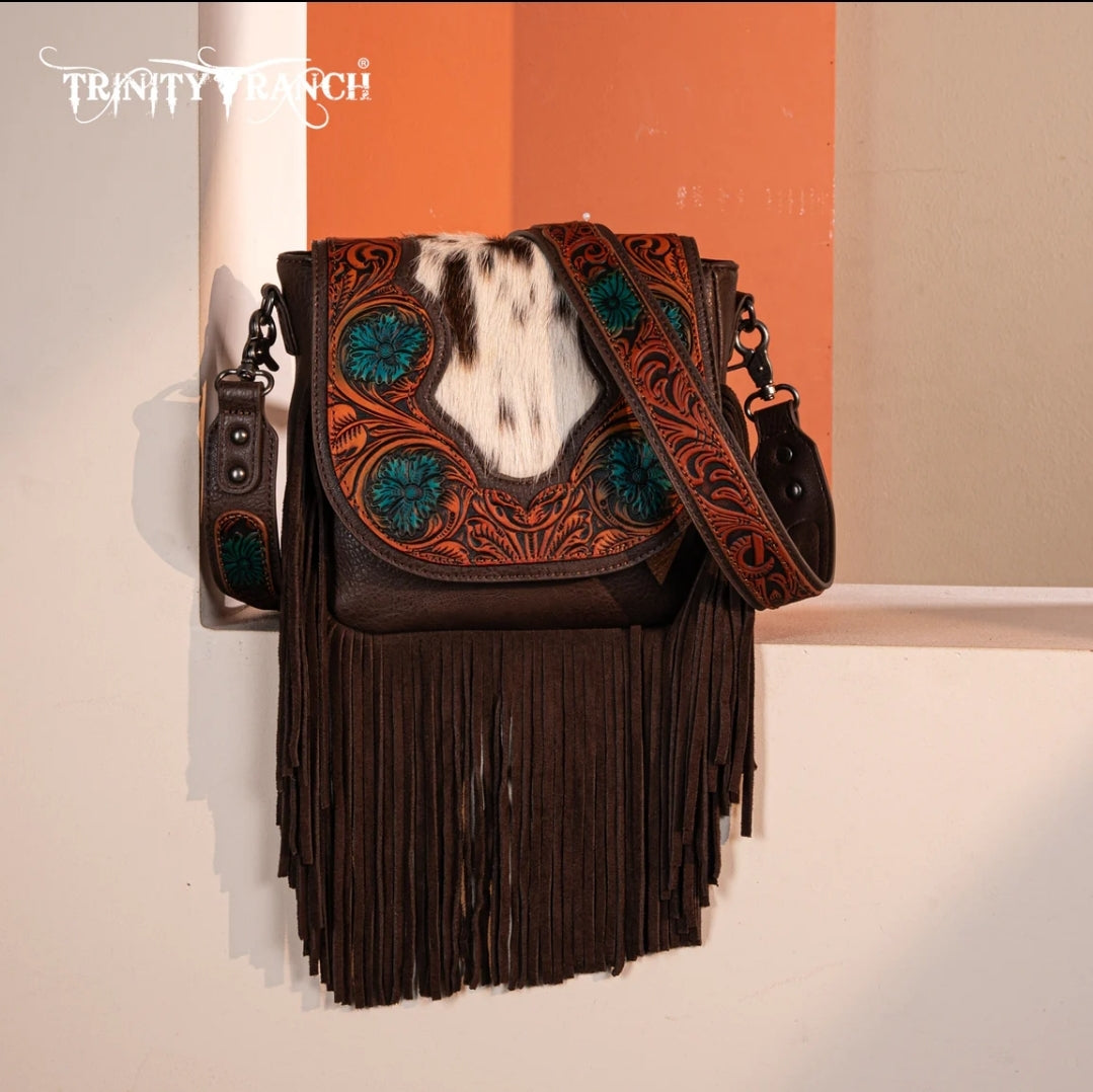 Trinity Ranch Genuine Hair-On Cowhide Tooled Fringe Crossbody Bag- Coffee