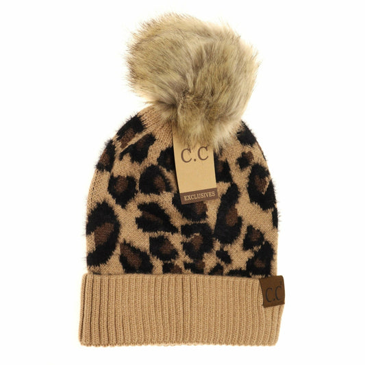 Leopard Pom Beanie: Latte