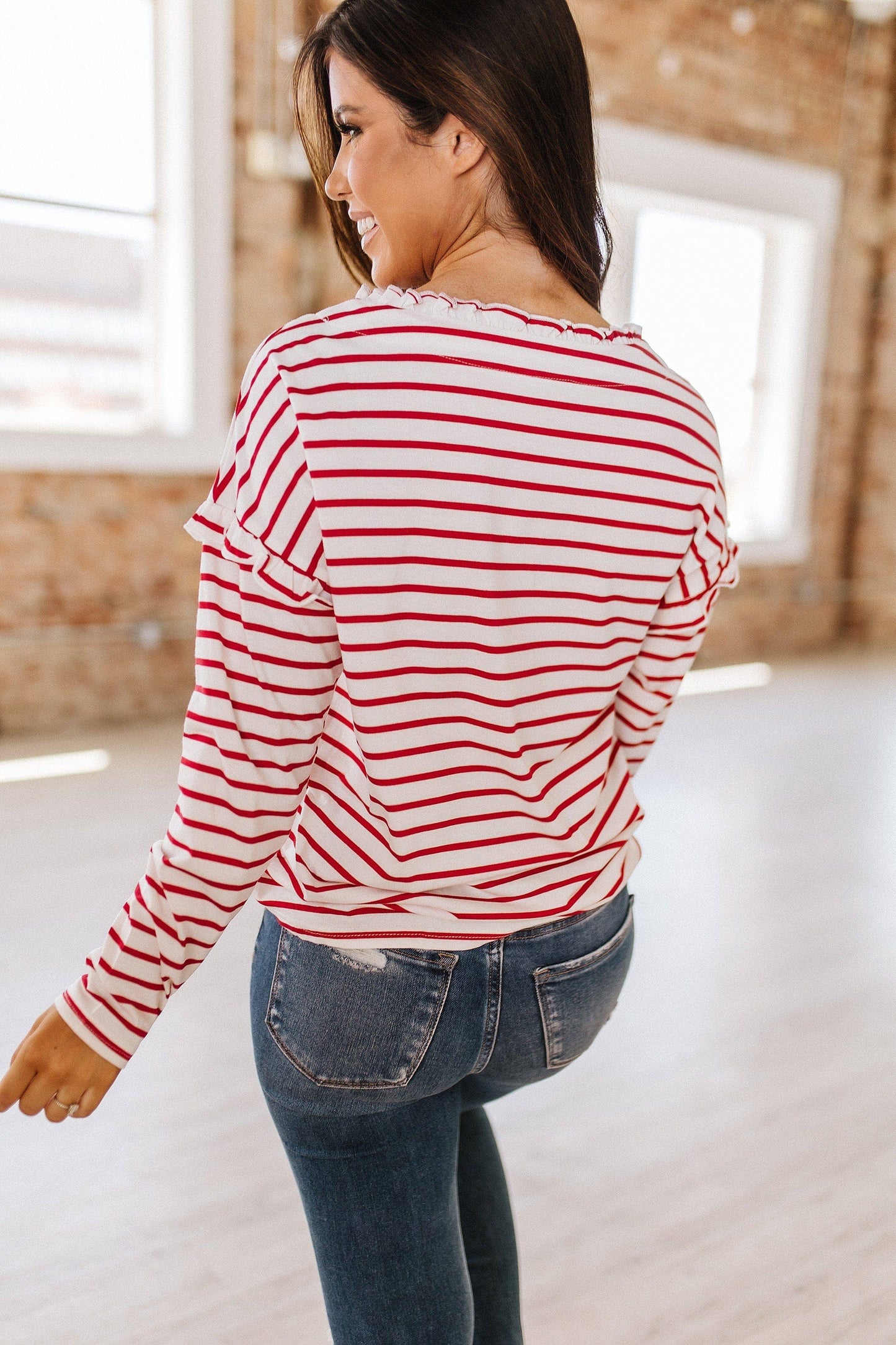 Tiffany Striped Button Neck Top | Red