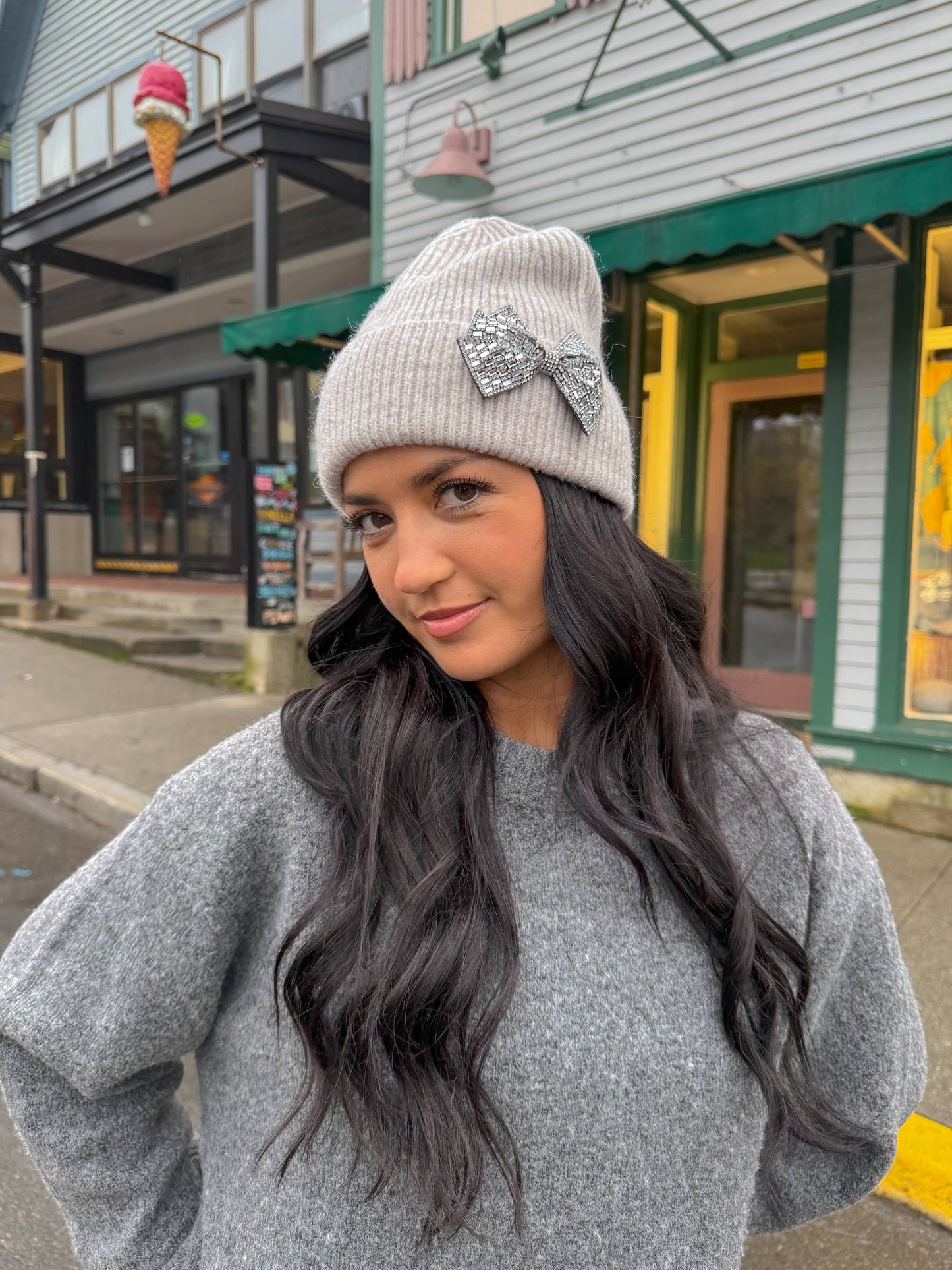 Rhinestone Bow Cuff C.C Beanie - BLACK