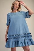 RUFFLE BOTTOM WASHED DENIM DRESS
