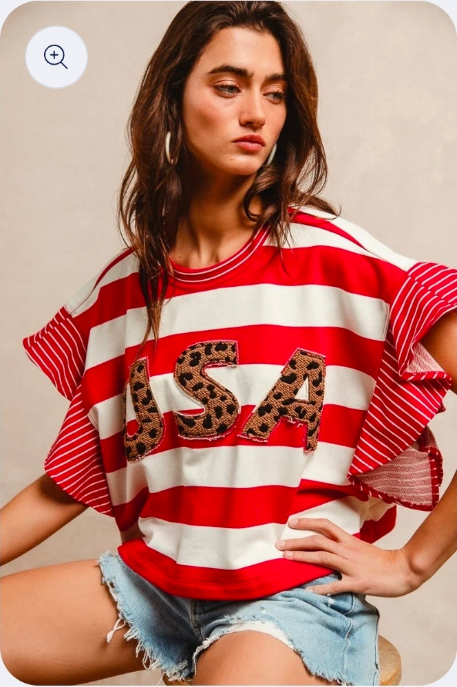Stripe Mixed Ruffle Sleeve Top With Leopard Letter