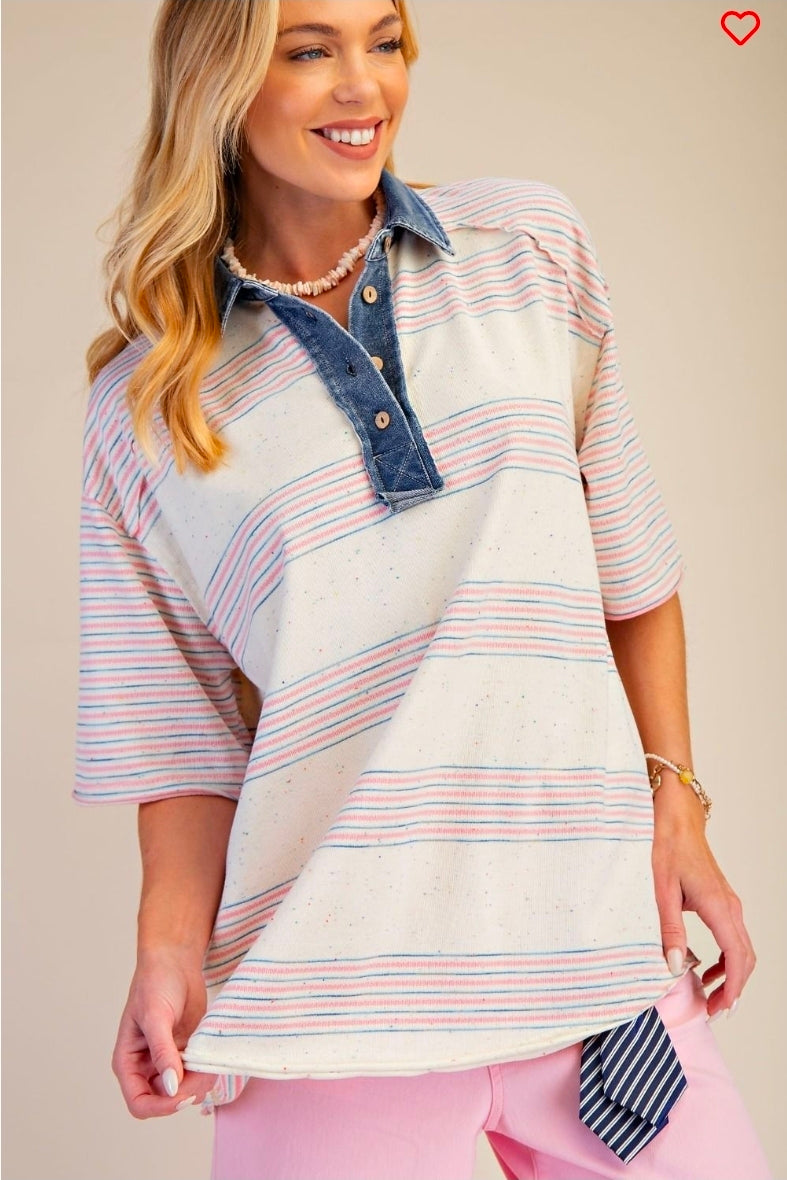 STRIPED MELANGIE KNIT BUTTON FRONT SHIRT TOP
