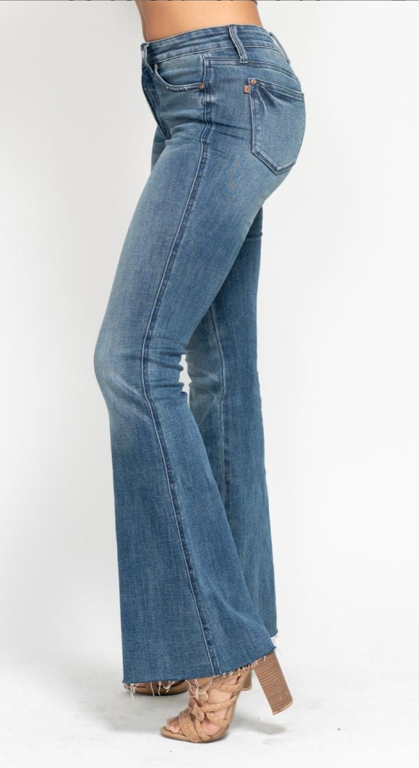 Judy Blue Mid Rise Tummy Control Vintage Wash Cut Hem Flare