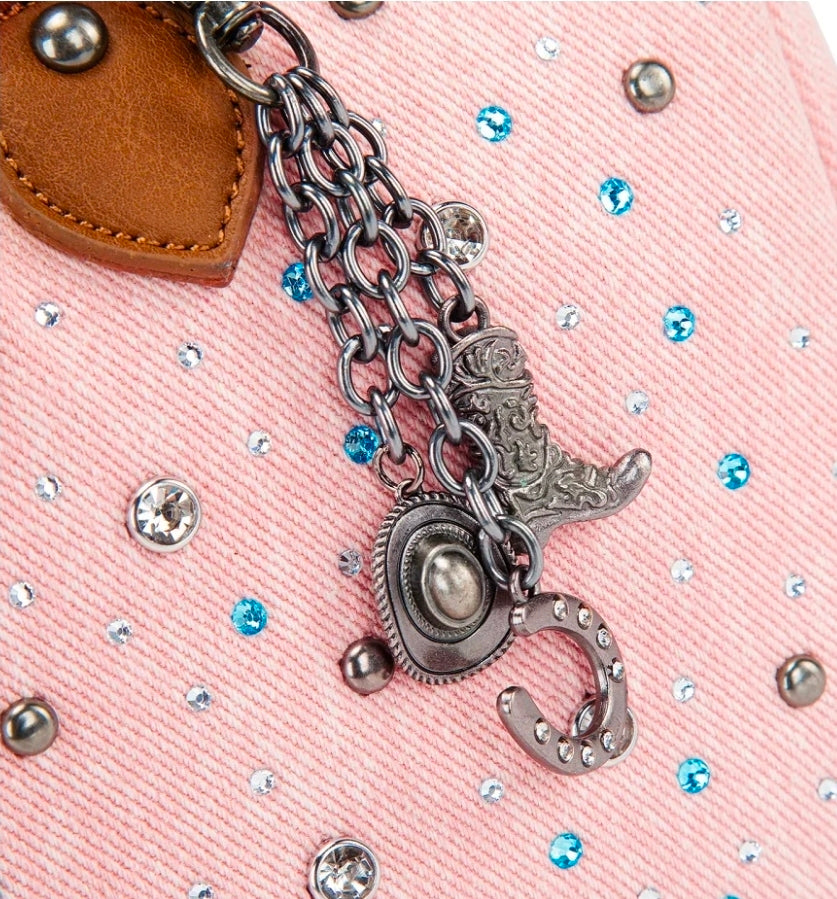 Wrangler Western Rhinestone Denim Boston Bag - Pink