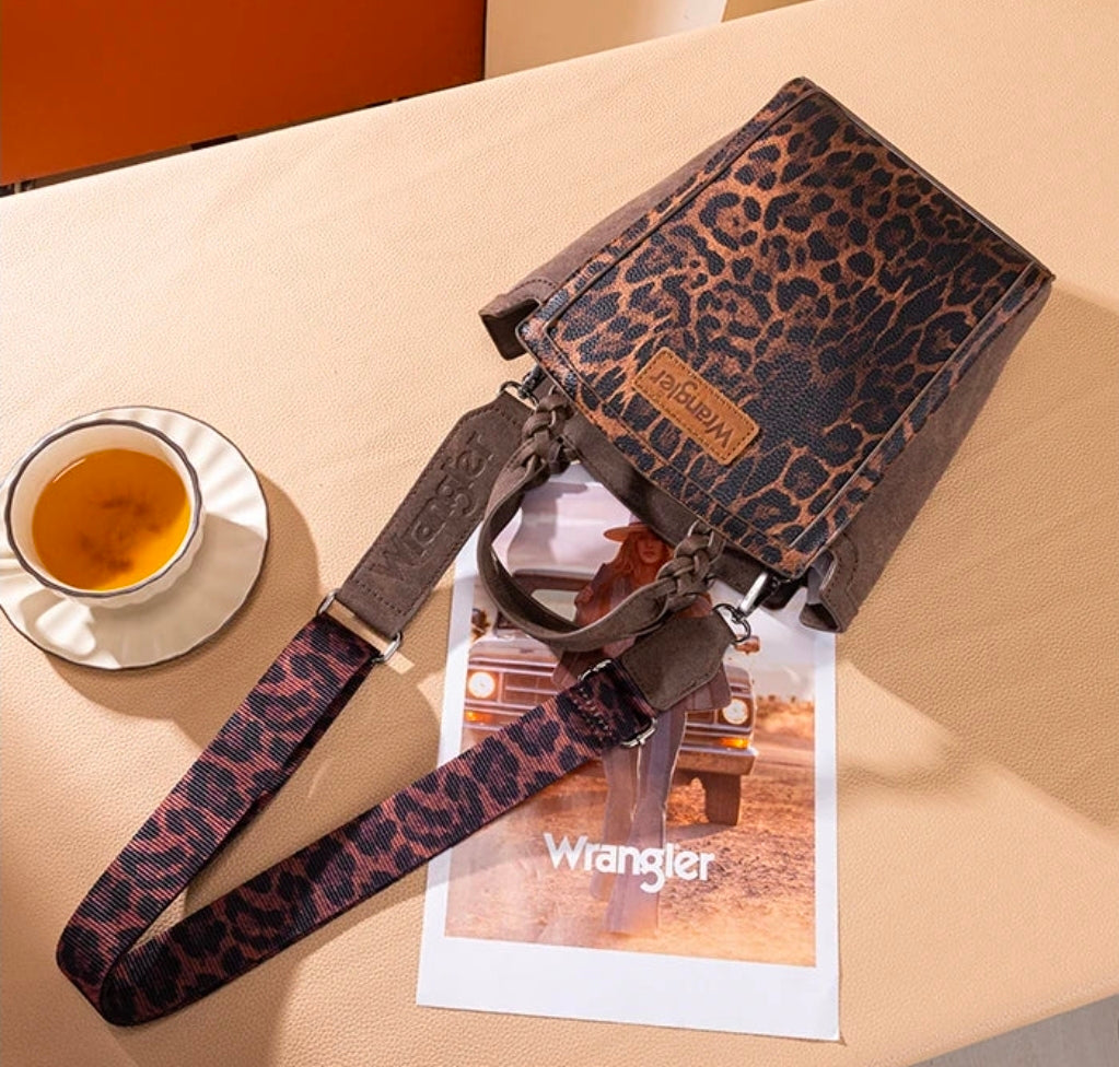 Wrangler Western Braided Handle Leopard Tote Bag Coffee