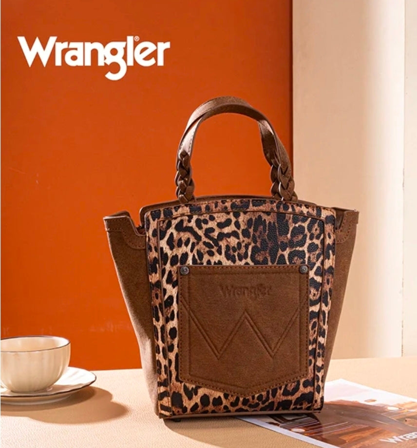 Wrangler Western Braided Handle Leopard Tote Bag Brown