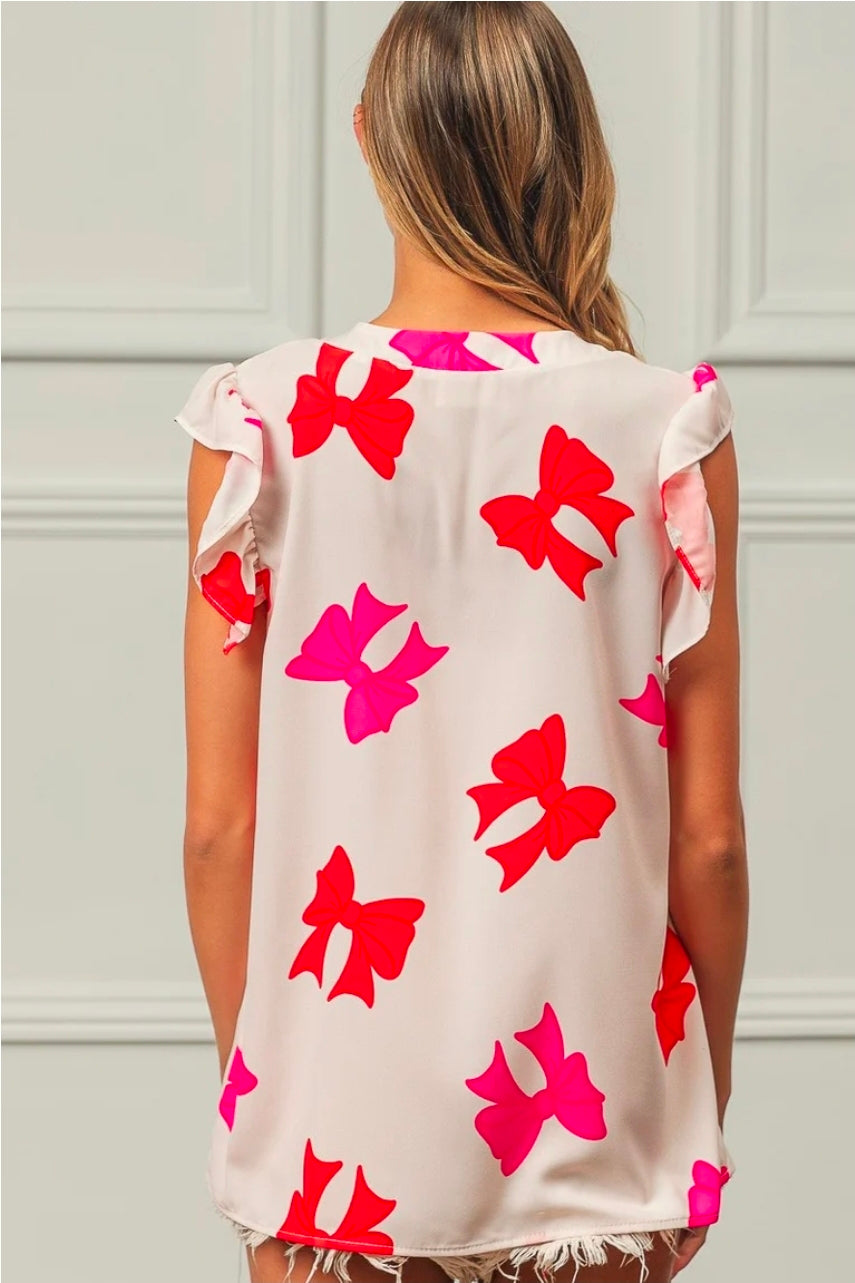 BOW PRINTED WOVEN RUFFLED SLEEVES V NECK TOP