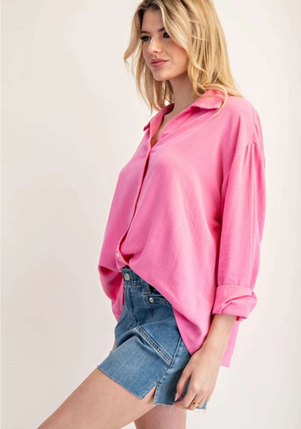 Bubble Pink Solid Long Sleeve Button Down Top
