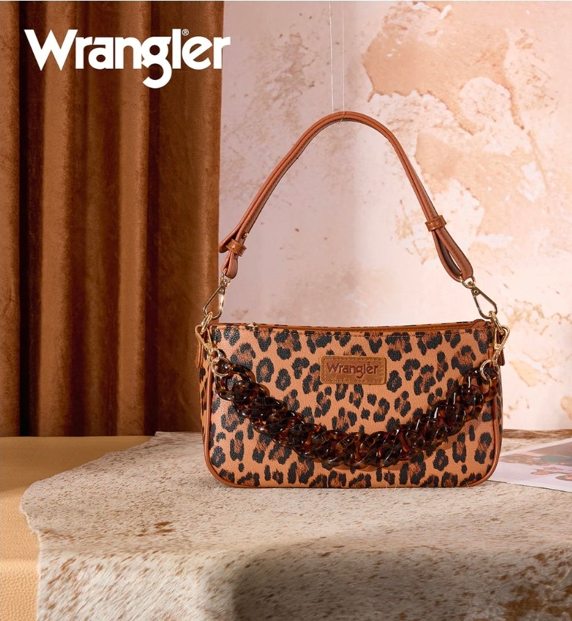 Wrangler Western Leopard Print Shoulder Bag with Chain Detail - Brown