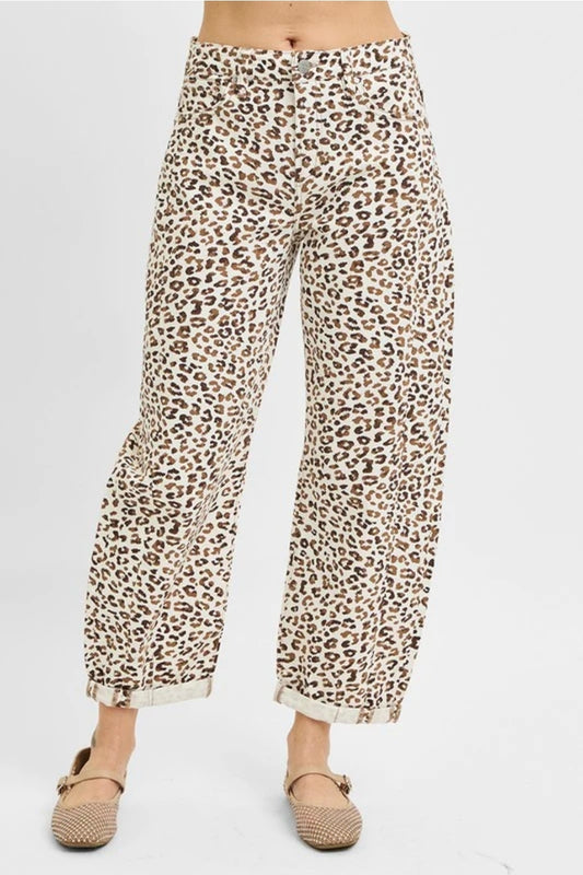 RISEN JEANS-High rise leopard barrel jeans