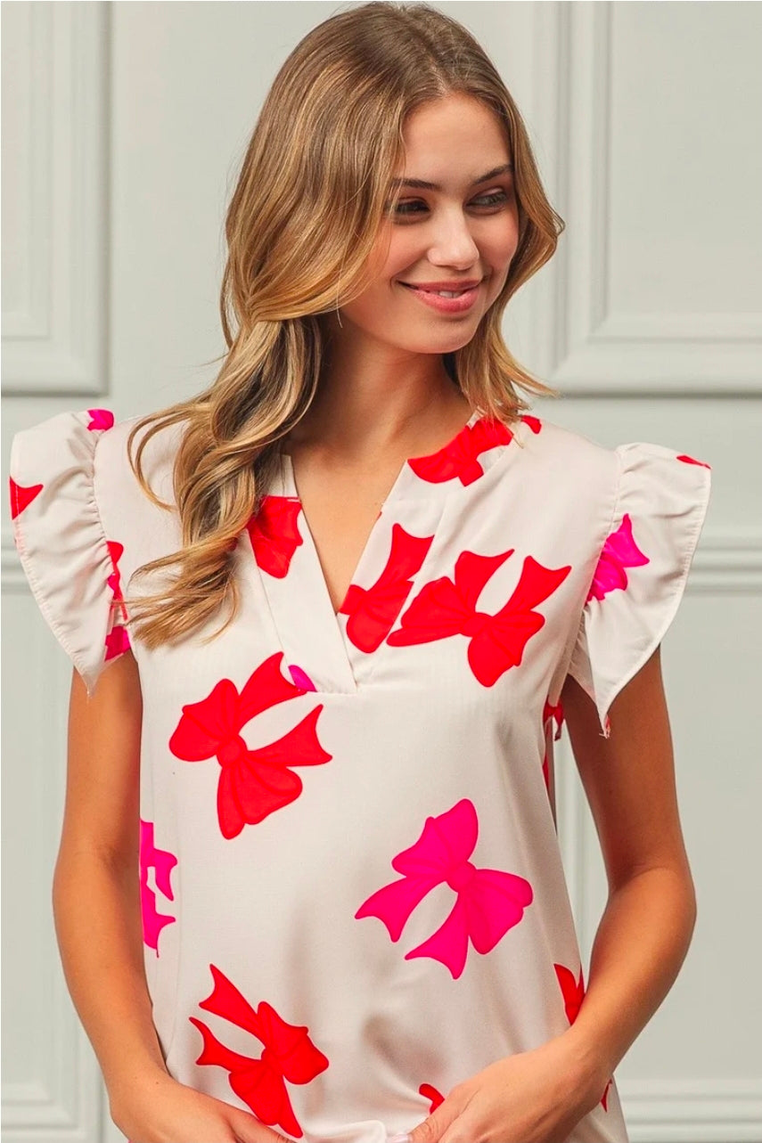 BOW PRINTED WOVEN RUFFLED SLEEVES V NECK TOP